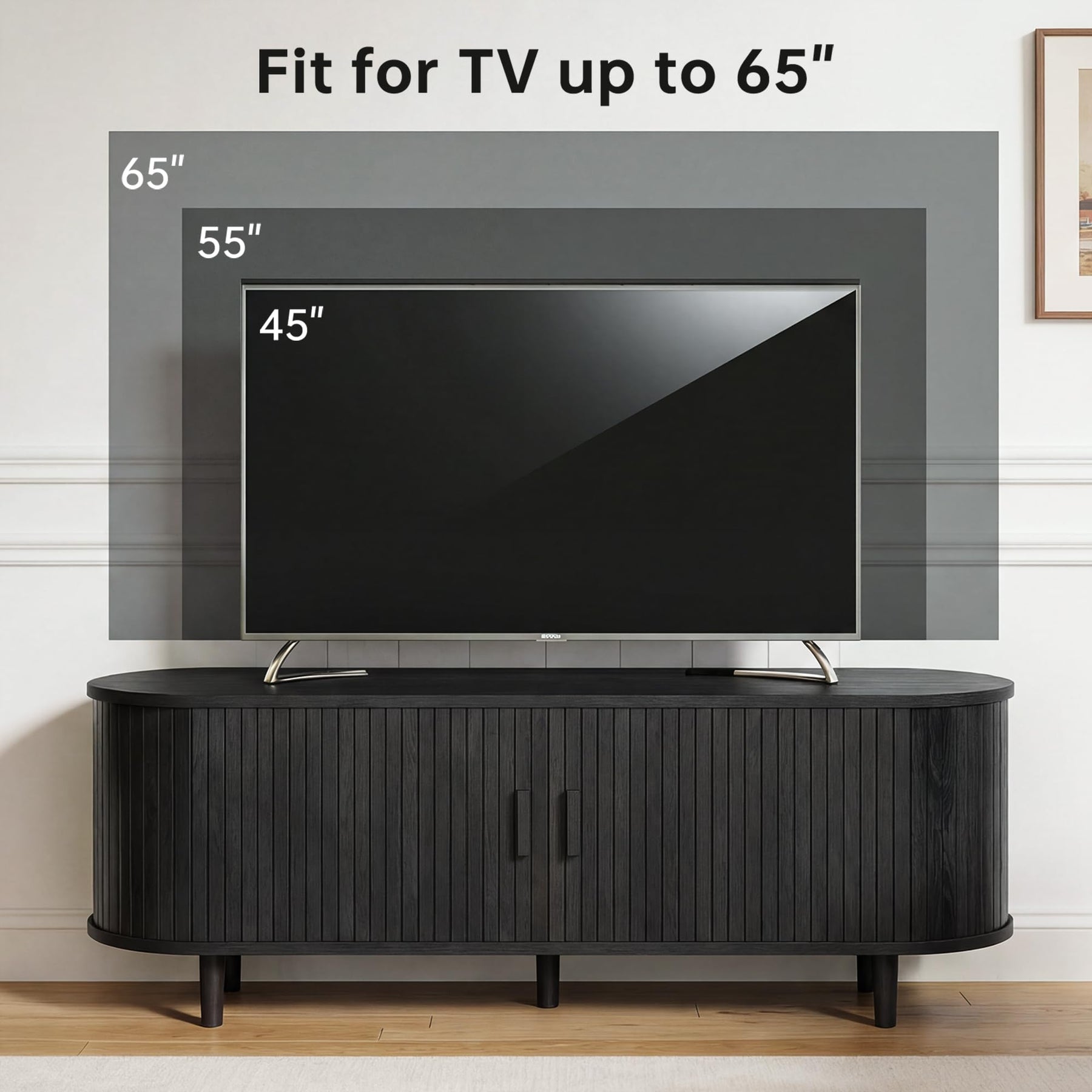 OneBlis 70" Mid Century Modern TV Stand, Wood TV Consoles with Sliding Doors and Power Outlet, Entertainment Center with Adjustable Shelves, Fluted TV Stands for Living Room, Walnut