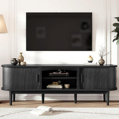 Decofy Mid Century TV Stand for TVs up to 80 Inches, Entertainment Center with Storage, Power Outlet, Fluted Sliding Doors & Adjustable Shelves, Modern Media TV Console Table for Living Room (Walnut)