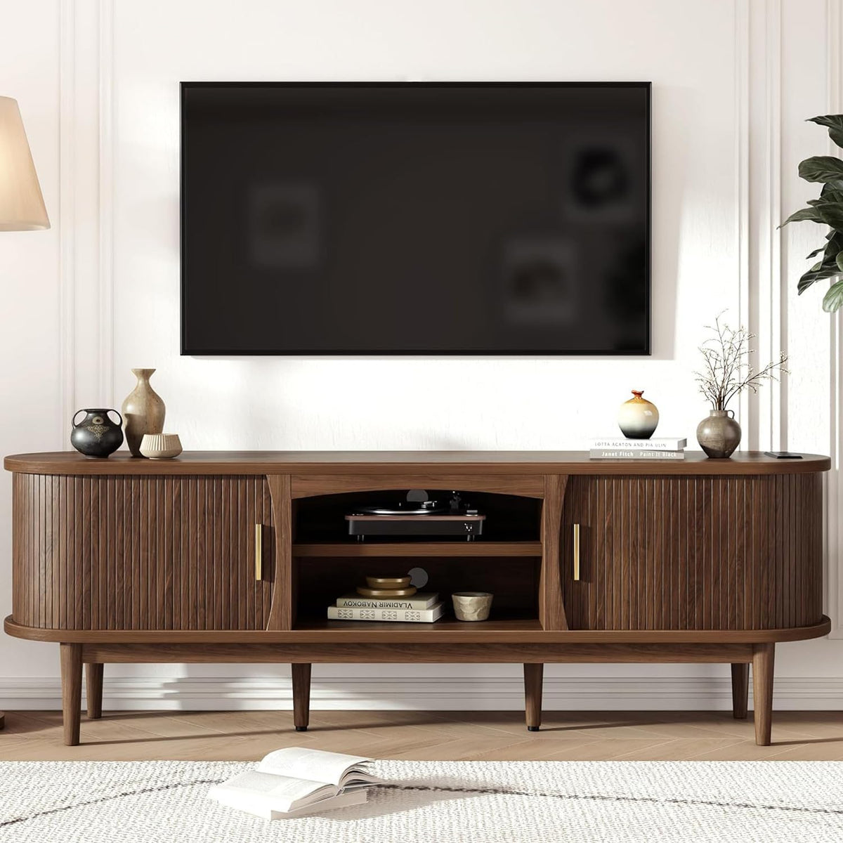 Decofy Mid Century TV Stand for TVs up to 80 Inches, Entertainment Center with Storage, Power Outlet, Fluted Sliding Doors & Adjustable Shelves, Modern Media TV Console Table for Living Room (Walnut)