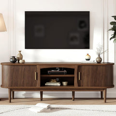 Decofy Mid Century TV Stand for TVs up to 80 Inches, Entertainment Center with Storage, Power Outlet, Fluted Sliding Doors & Adjustable Shelves, Modern Media TV Console Table for Living Room (Walnut)