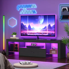 HOOBRO LED TV Stand with Power Outlets to 65 inch TV, Gaming Entertainment Center with Glass Shelves and Large Drawer, Modern Media TV Console Table for Living Room Bedroom, White WT14UDDS01