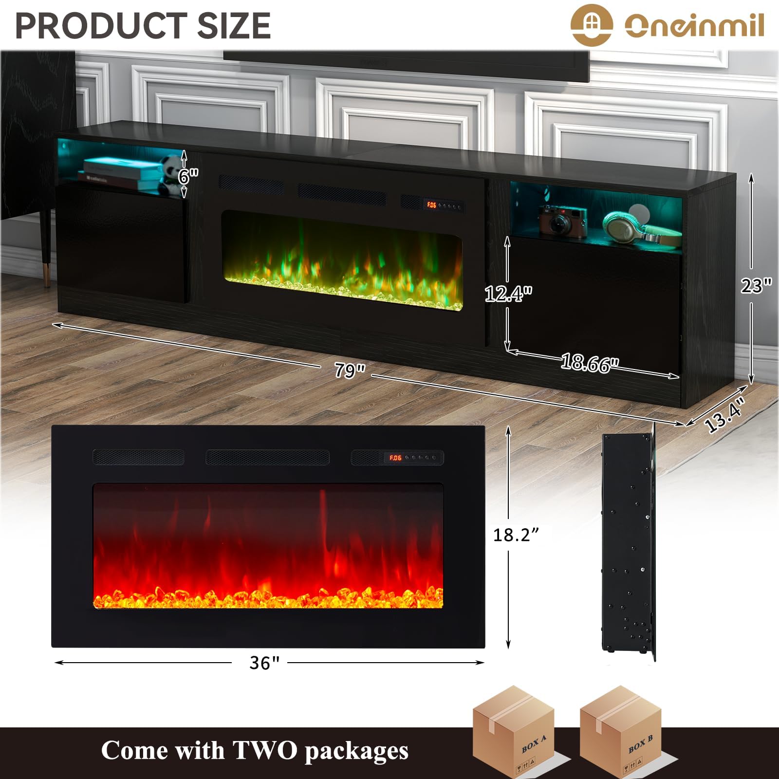 oneinmil Fireplace TV Stand with 36" Electric Fireplace, LED Light Entertainment Center, Modern Wood Texture Entertainment Stand with Highlight Storage Cabinet for TVs Up to 80", 70 inches, Black