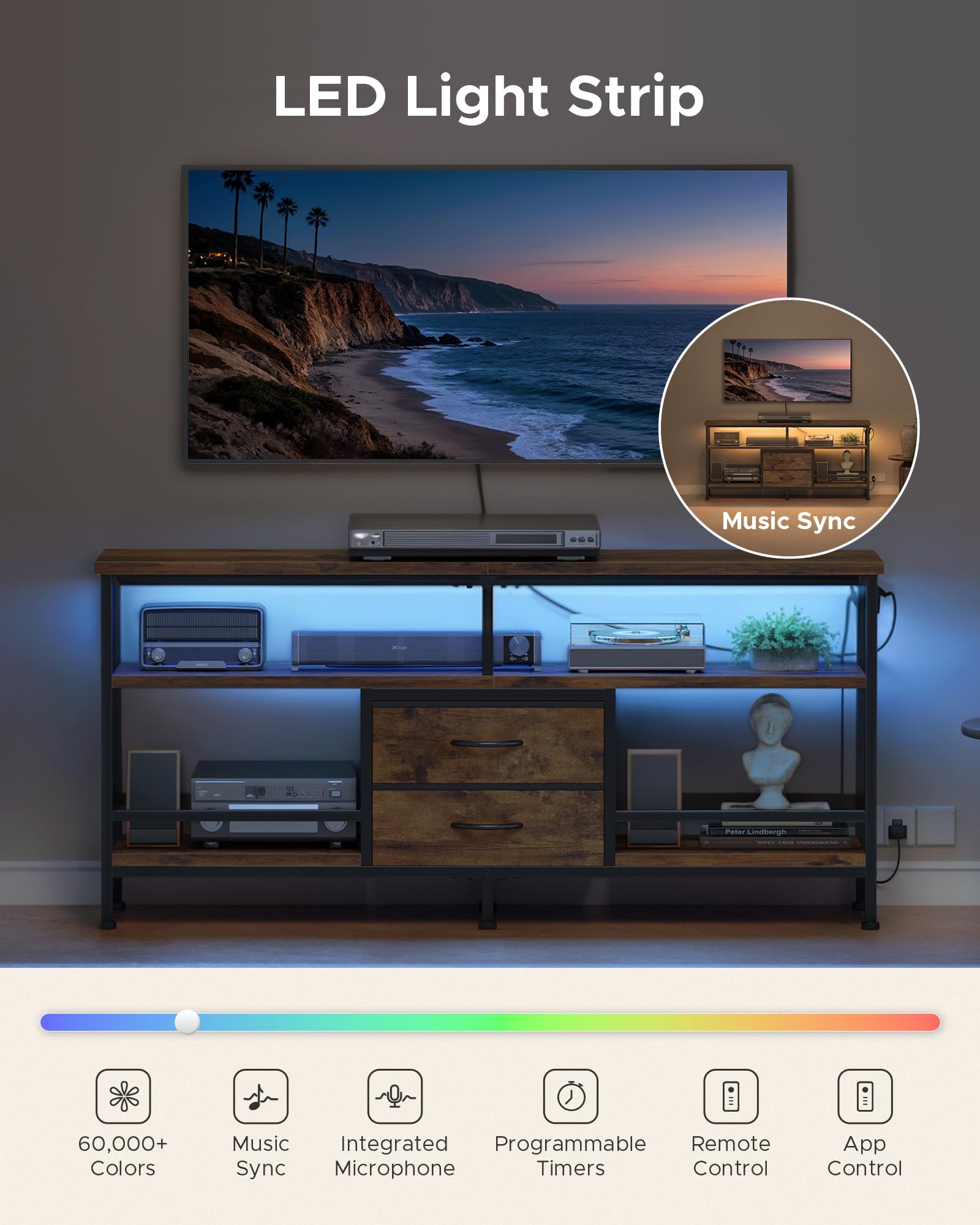 Lazzanto 63in TV Stand for 55-75in TVs, LED Lights, Charging Station, Black