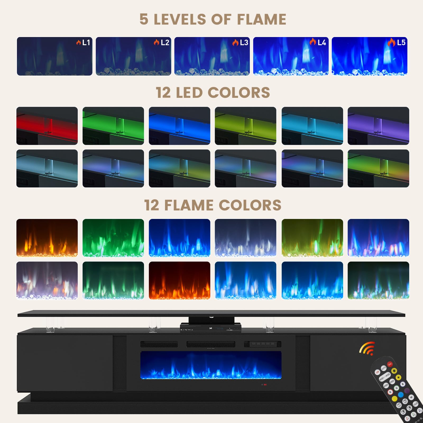Nordivale 70" Fireplace TV Stand, Modern Entertainment Center for TVs Up to 80”, TV Console with Storage Cabinets, Media Console for Living Room, Black TV Stand and Black Fireplace