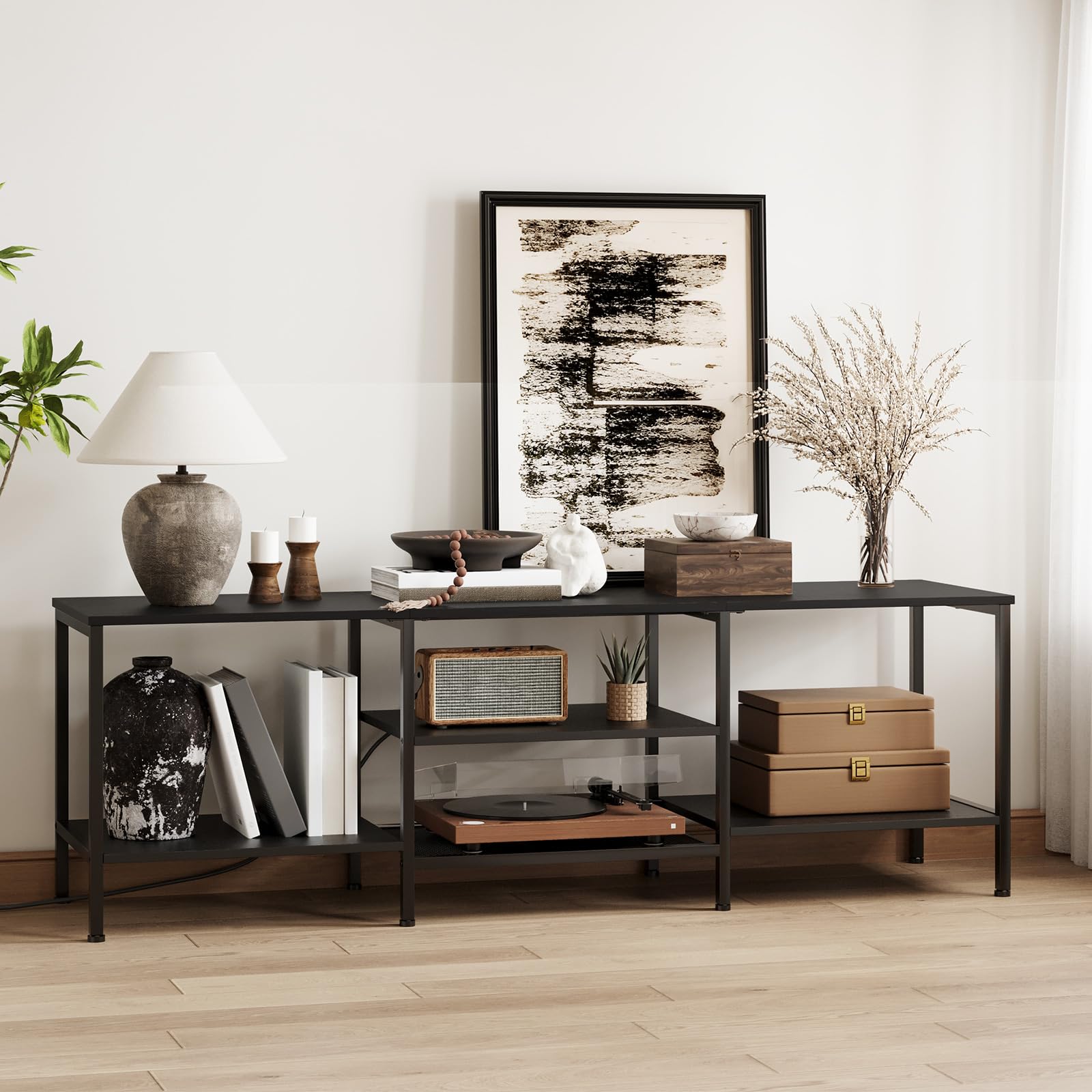 HOOBRO TV Stand with Power Outlets to 75 Inches, TV Console Table with Open Storage Shelves Cabinet, Industrial Media Entertainment Center for Living Room Bedroom, Rustic Brown and Black BF80DS01
