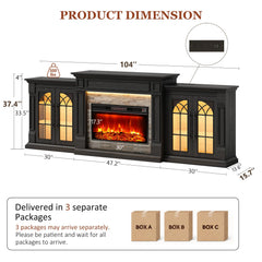 HolliWill 104" Fireplace TV Stand for TVs Up to 100 Inch, LED Electric Fireplace with Mantel and Sideboard Cabinets, Entertainment Center with 4 Glass Doors and Outlet, Modern for Living Room