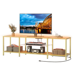 HOOBRO TV Stand with LED Lights and Power Outlets for TVs up to 75", Modern 70.9 Inch Tempered Glass TV Console Table with Open Shelves, Media Entertainment Center for Living Room, Gold GD185UDS01