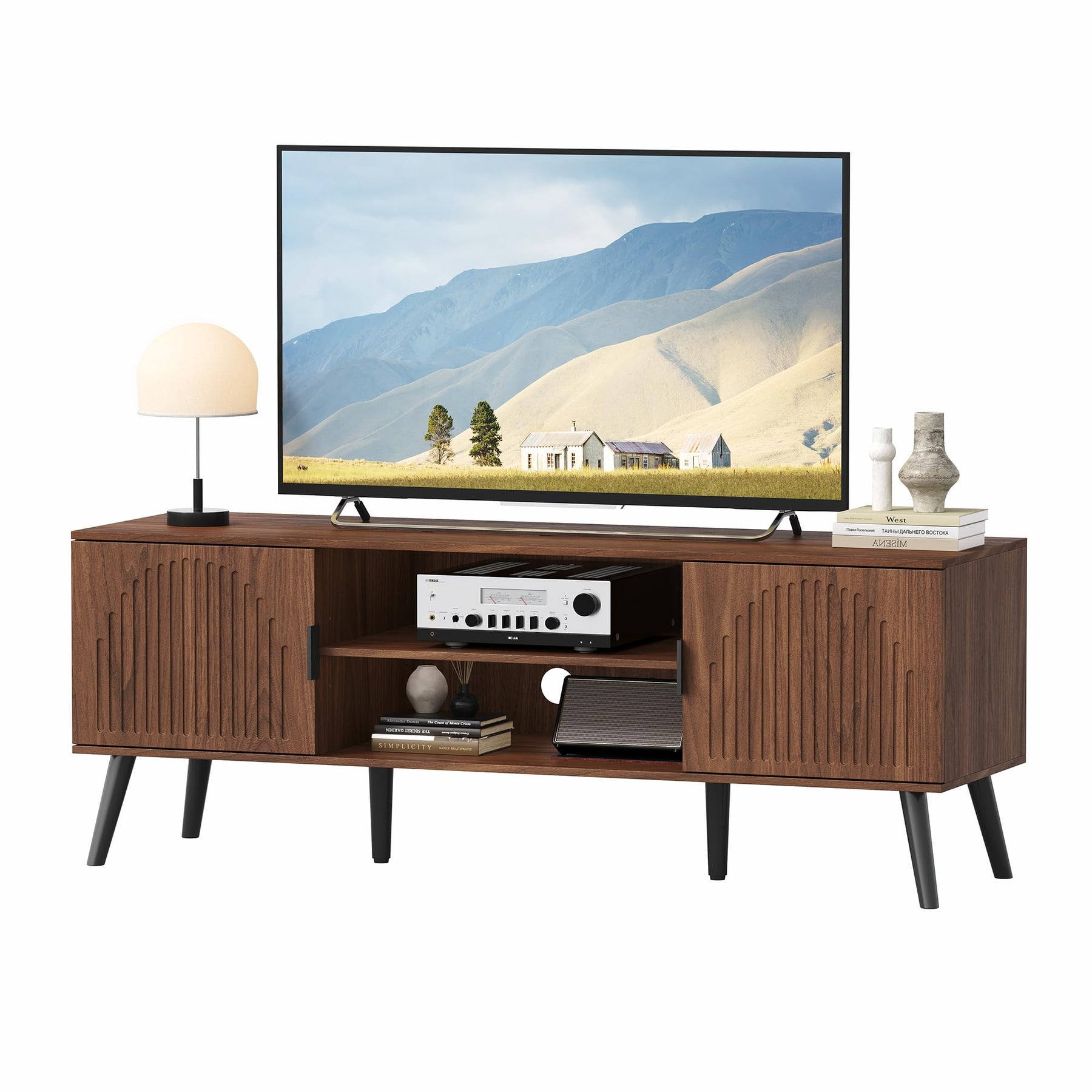 ChooChoo TV Stand with Open Shelves for 65 Inch TVs, Mid Century