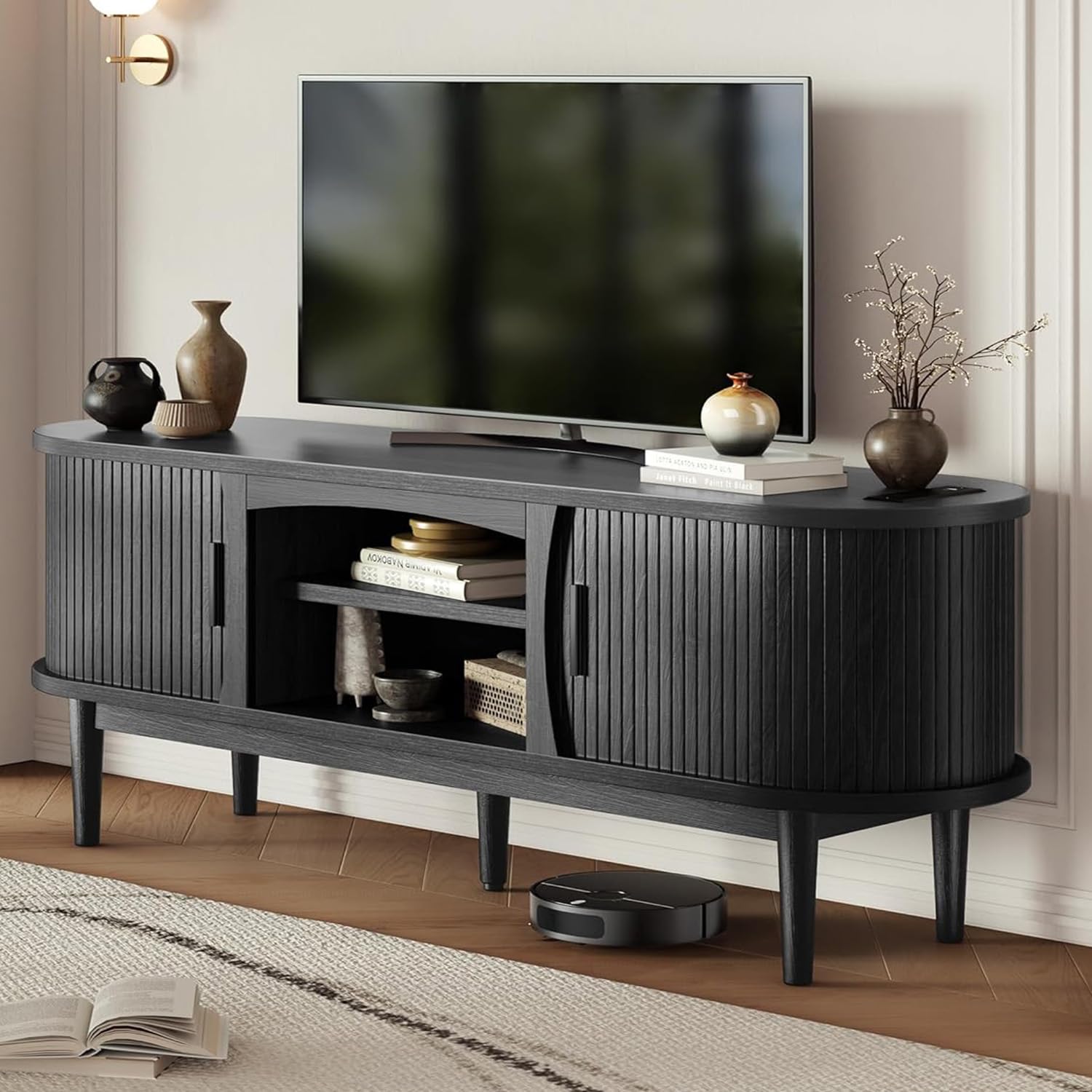 Decofy Mid Century TV Stand for TVs up to 80 Inches, Entertainment Center with Storage, Power Outlet, Fluted Sliding Doors & Adjustable Shelves, Modern Media TV Console Table for Living Room (Walnut)