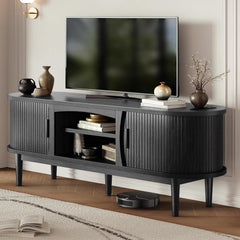 Decofy Mid Century TV Stand for TVs up to 80 Inches, Entertainment Center with Storage, Power Outlet, Fluted Sliding Doors & Adjustable Shelves, Modern Media TV Console Table for Living Room (Walnut)