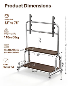 Stainless Steel Rolling TV Stand for 32 to 75 Inch TVs with Dual Shelves