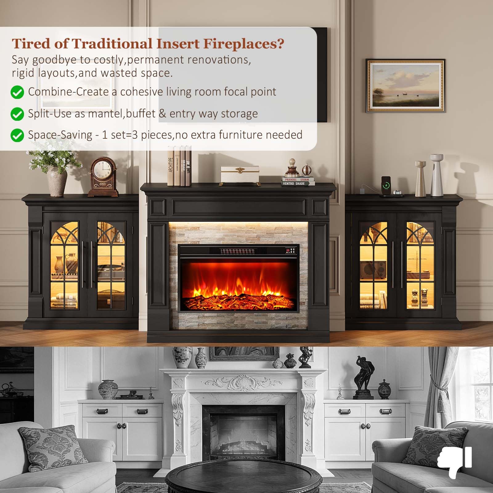 HolliWill 104" Fireplace TV Stand for TVs Up to 100 Inch, LED Electric Fireplace with Mantel and Sideboard Cabinets, Entertainment Center with 4 Glass Doors and Outlet, Modern for Living Room