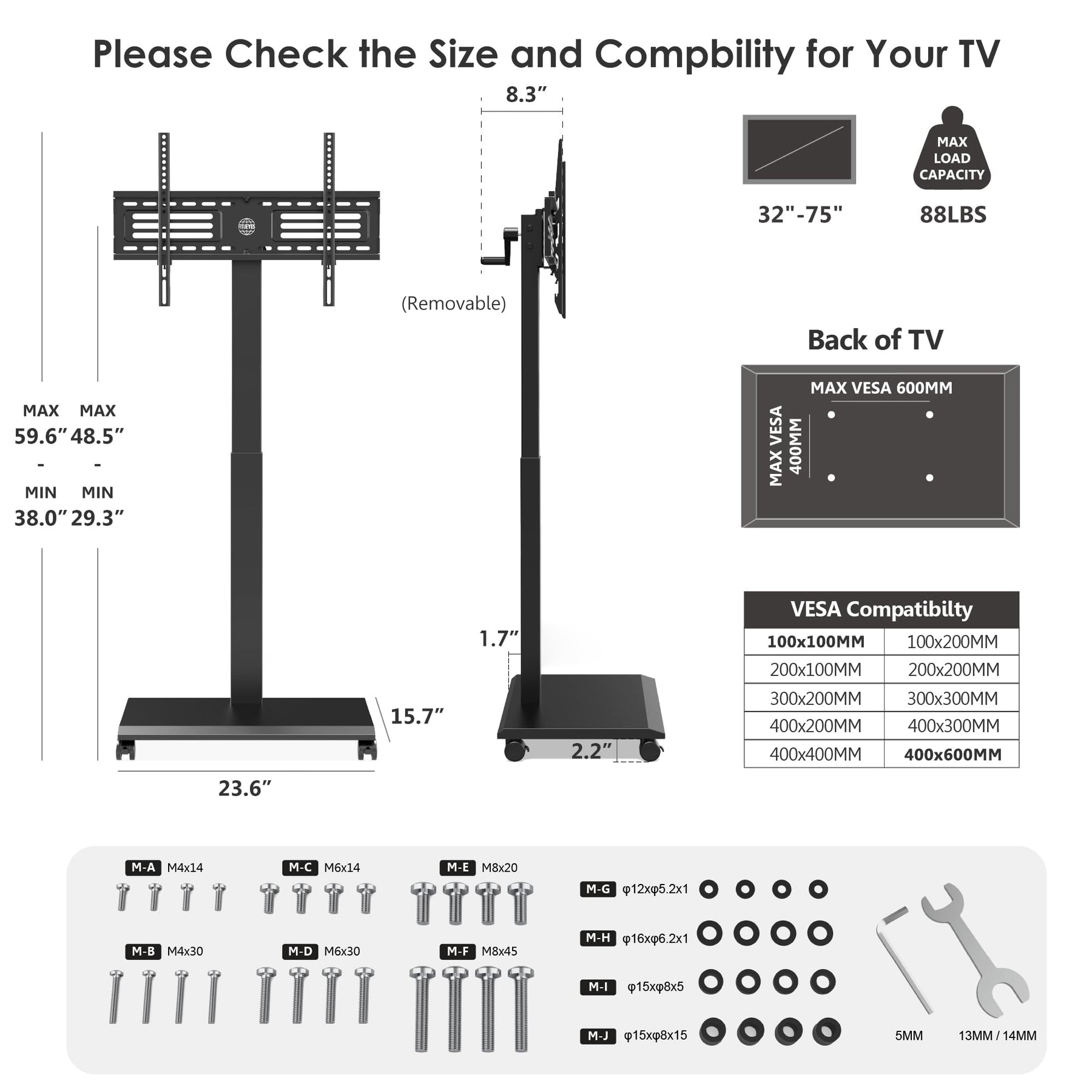 FITUEYES Hand Crank Lift TV Stand with Wheels for 32-75 Inch TVs, Black