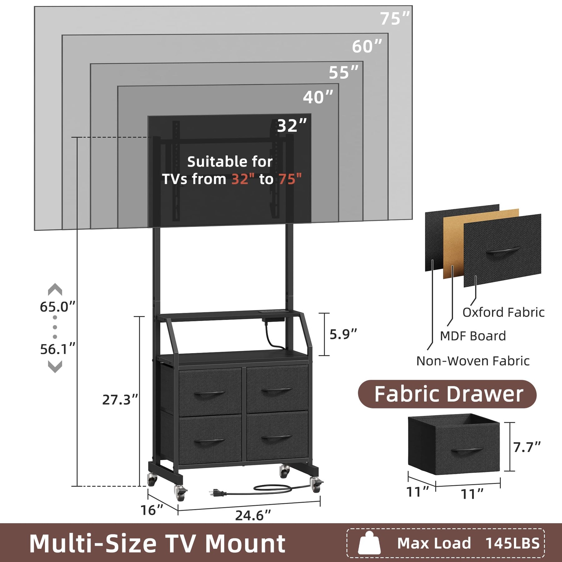 GYIIYUO Rolling TV Stand with Mount & 4 Fabric Drawers for 32-75 inch TVs