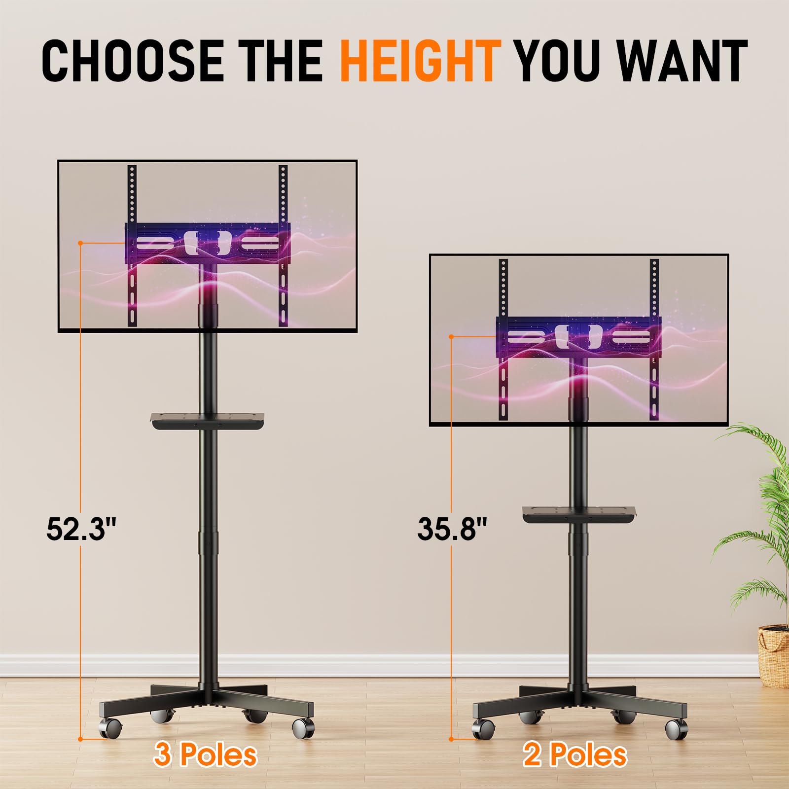 Motorized Rolling TV Stand on Wheels for 32-75 Inch TVs/Screens