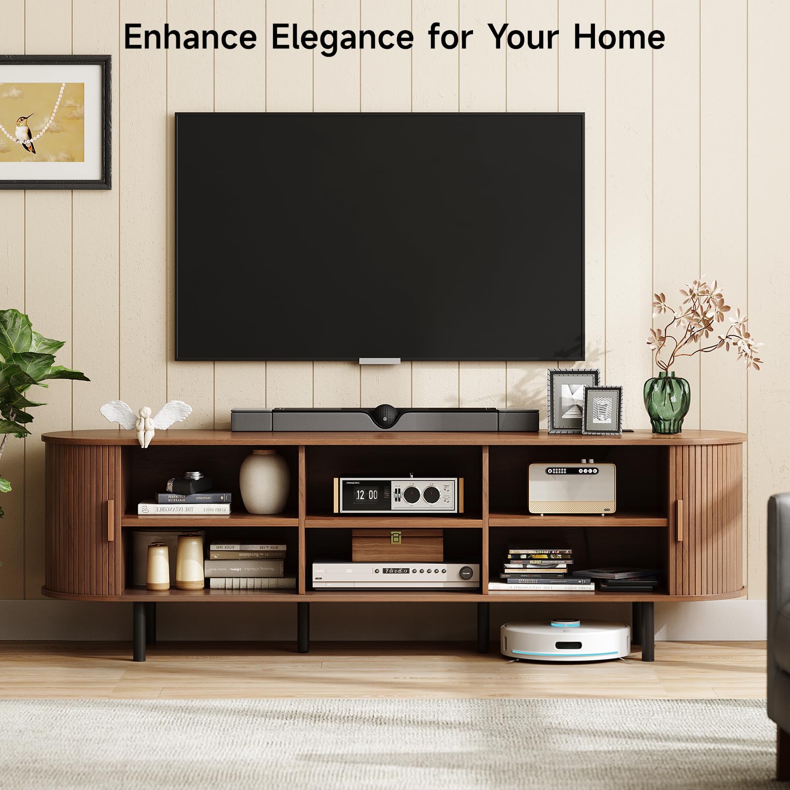 ONBRILL 70.8" TV Stand with Power Outlet for TVs up to 75 Inch, Entertainment Center with Storage and Adjustable Shelves, Modern Media Console with Sliding Doors for Living Room, Walnut