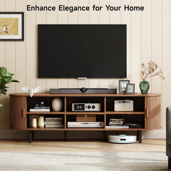 ONBRILL 70.8" TV Stand with Power Outlet for TVs up to 75 Inch, Entertainment Center with Storage and Adjustable Shelves, Modern Media Console with Sliding Doors for Living Room, Walnut