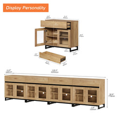 WAMPAT Modern TV Stand with Glass Doors for 80-120 inch TVs, 4 in 1 Entertainment Center Console with 4 Drawers and Metal Base for Living Room, Bedroom, Brown