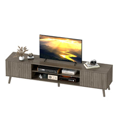 YOSHOOT 63" TV Stand for Living Room, Mid Century Modern Entertainment Center with Power Outlet Fit TVs Up to 70 inch, Fluted Media Console with Open Shelves and Storage Cabinets for Bedroom, Natural