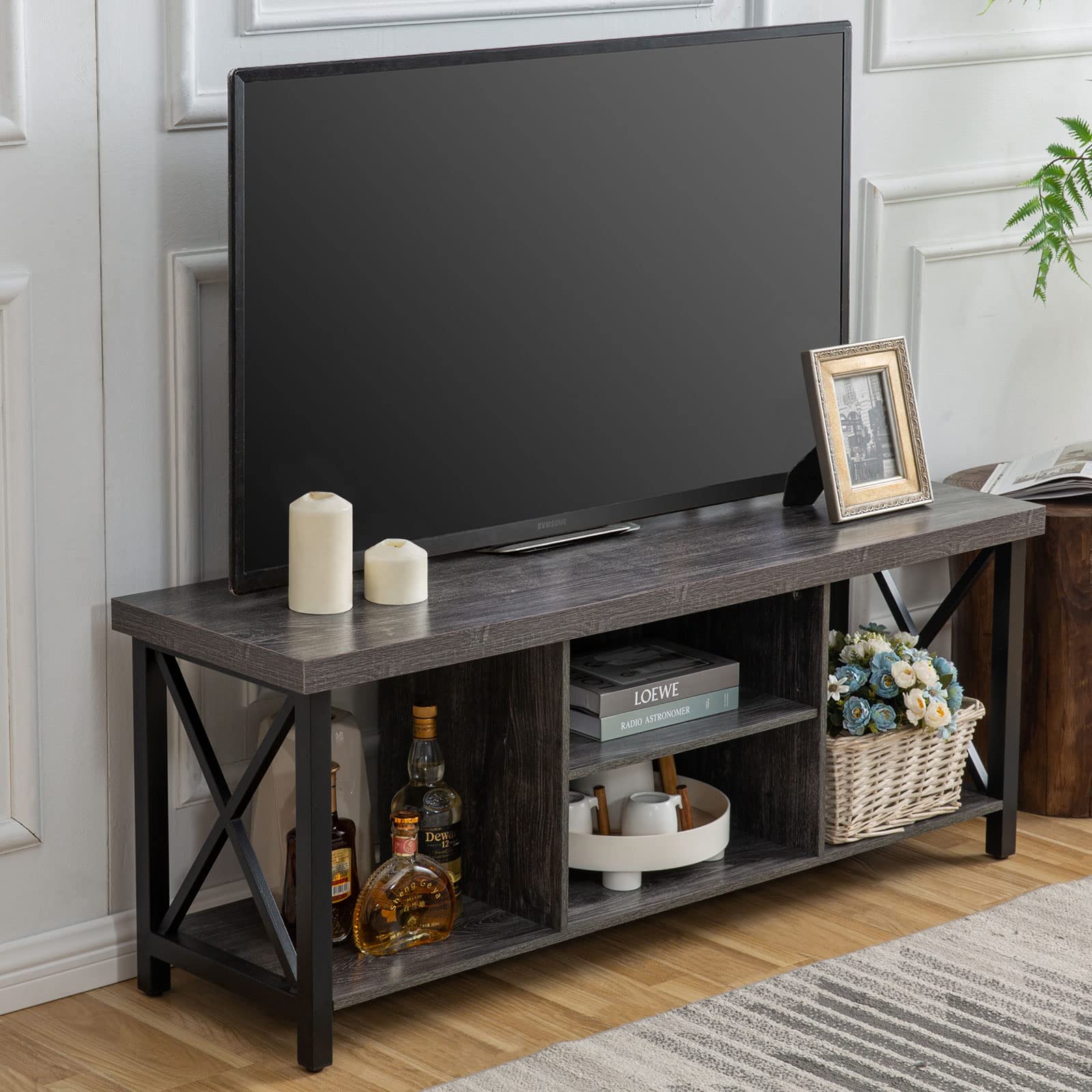 GAZHOME TV Stand for TV up to 55 Inches, TV Cabinet with Open Storage, TV Console Unit with Shelving for Living Room, Entertainment Room, Rustic Brown