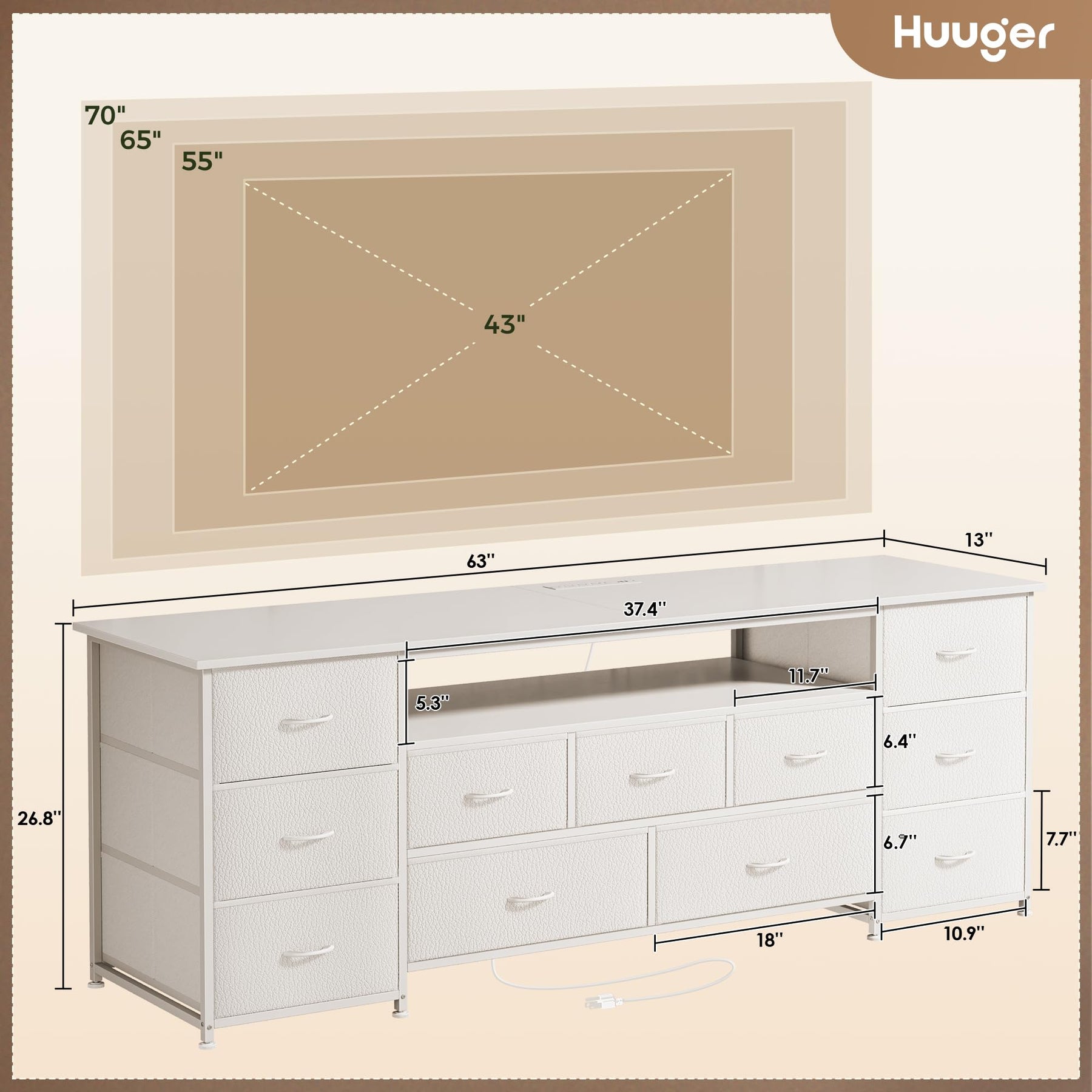 Huuger 63 Inch TV Stand for 65, 70 Inch TV, 11 Drawer Long Dresser with Power Outlets and LED Lights, Entertainment Center with Storage, Black Dresser with PU Leather Surface