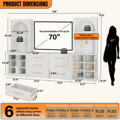 126" Entertainment Center with Bookshelves,4 Doors & 6 Drawers, Modern Farmhouse TV Stand Wall Unit for TVs up to 70" Media Console Storage Cabinet with 18 Shelves for Living Room Heavy-Duty White