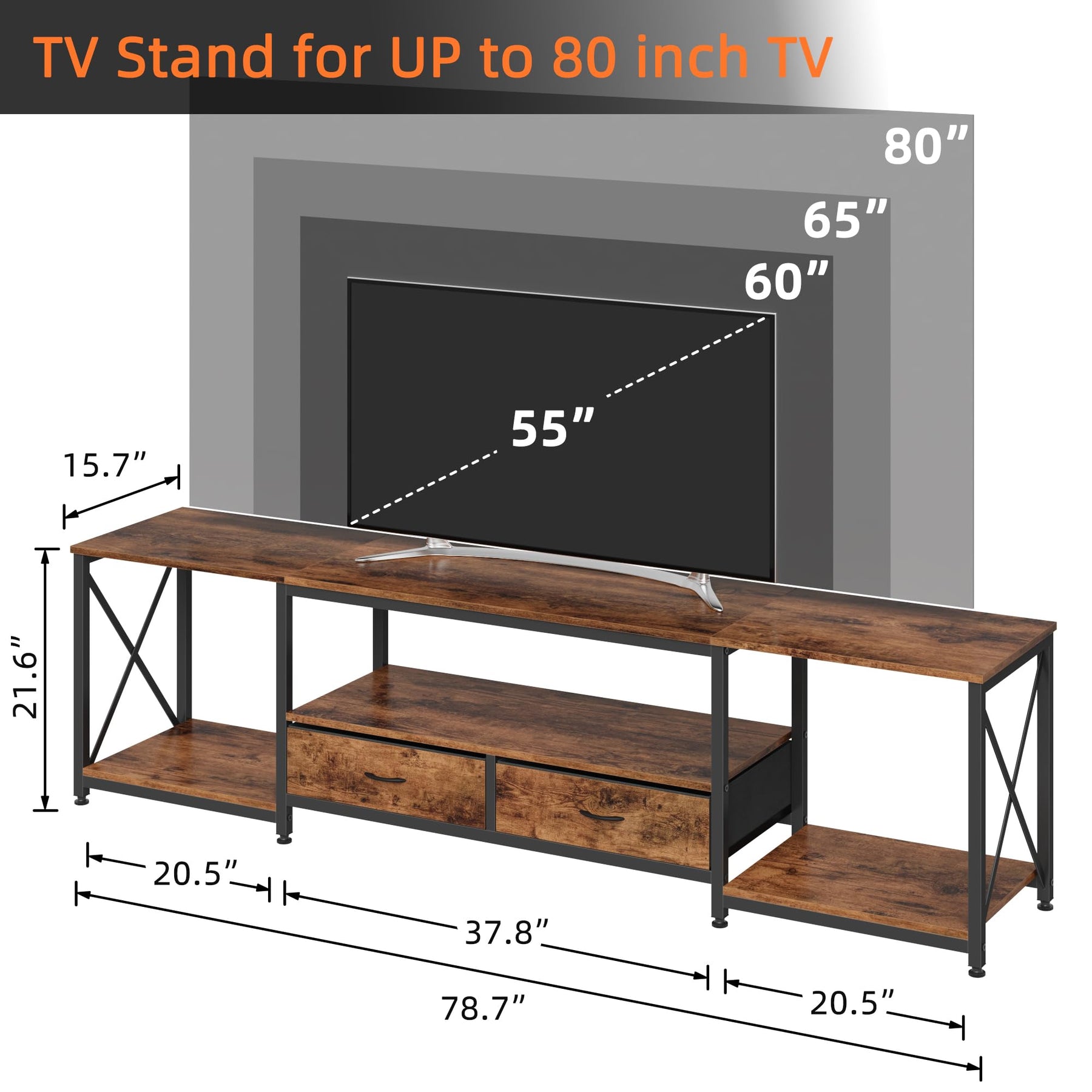 GYIIYUO TV Stand with Fabric Drawer - Entertainment Center and Industrial TV Console Table with Open Storage Shelves for Living Room, Bedroom - 55.1" Rustic Brown