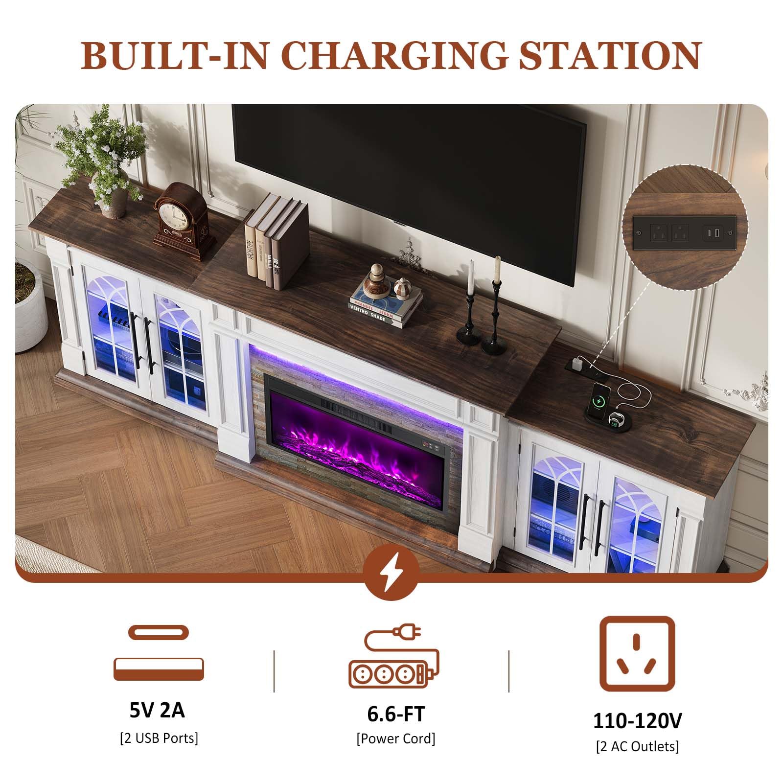 HolliWill 104" Fireplace TV Stand for TVs Up to 100 Inch, LED Electric Fireplace with Mantel and Sideboard Cabinets, Entertainment Center with 4 Glass Doors and Outlet, Modern for Living Room
