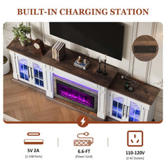 HolliWill 104" Fireplace TV Stand for TVs Up to 100 Inch, LED Electric Fireplace with Mantel and Sideboard Cabinets, Entertainment Center with 4 Glass Doors and Outlet, Modern for Living Room