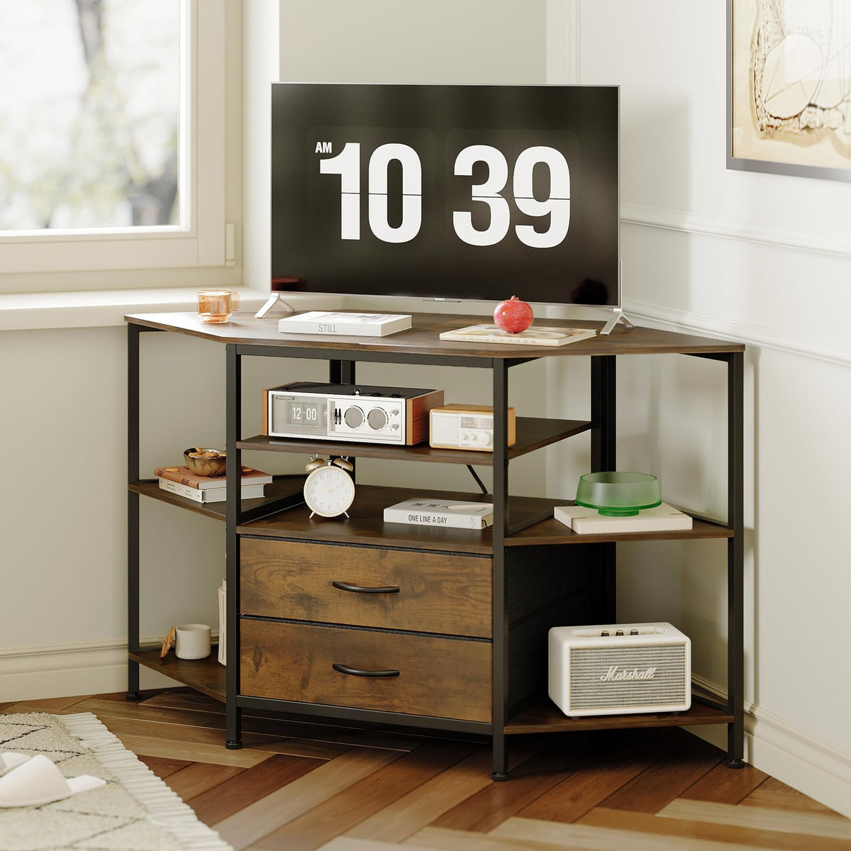 Welfuturer Corner TV Stand for 55 Inch TV with Drawers, Brown