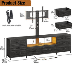 Welfuturer 70.8" W TV Stand with Mount and Power Outlet for 65/70/75/80 Inch TV, Farmhouse Entertainment Center with 8 Fabric Drawers, LED Lights and Open Storage Shelves for Living Room