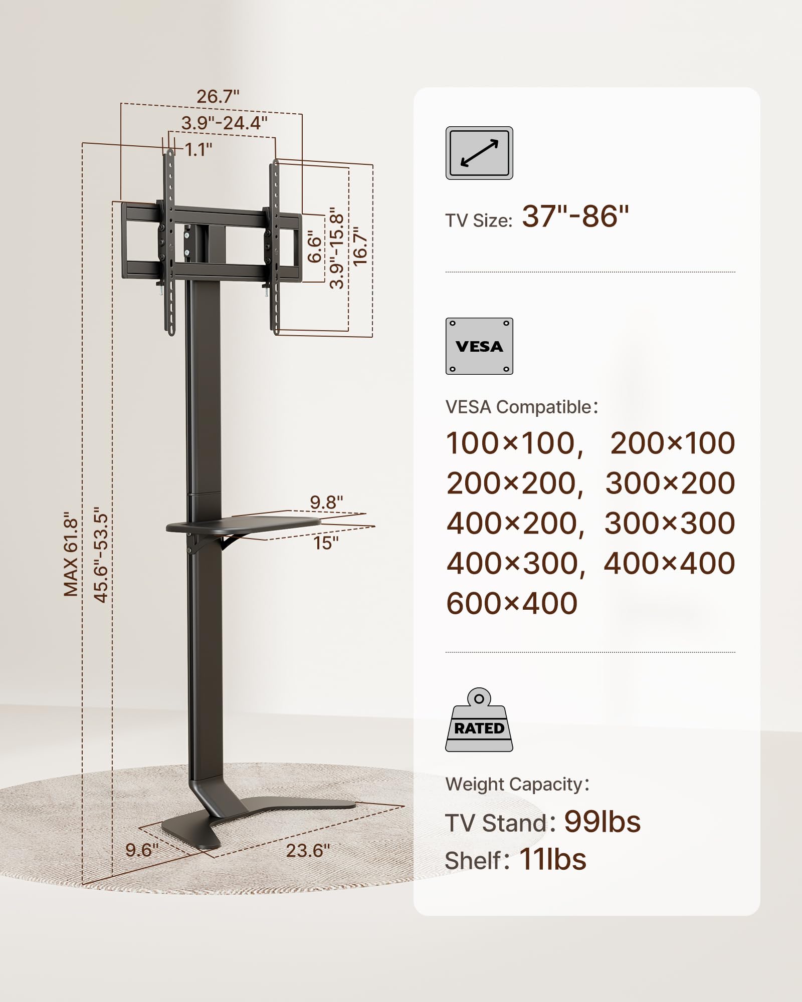 ECOTINY Tall Floor TV Stand for 37-86" TVs, Ultra Slim, Black
