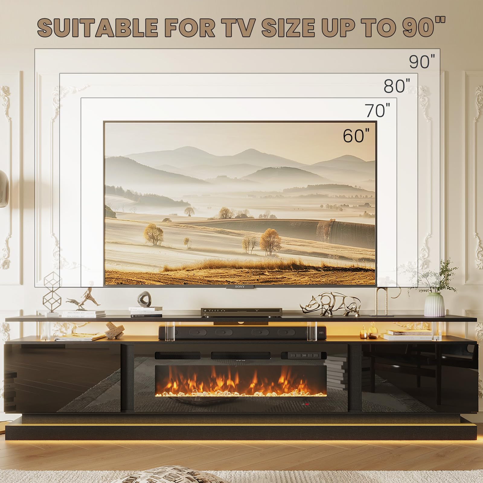 Nordivale 70" Fireplace TV Stand, Modern Entertainment Center for TVs Up to 80”, TV Console with Storage Cabinets, Media Console for Living Room, Black TV Stand and Black Fireplace