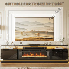Nordivale 70" Fireplace TV Stand, Modern Entertainment Center for TVs Up to 80”, TV Console with Storage Cabinets, Media Console for Living Room, Black TV Stand and Black Fireplace