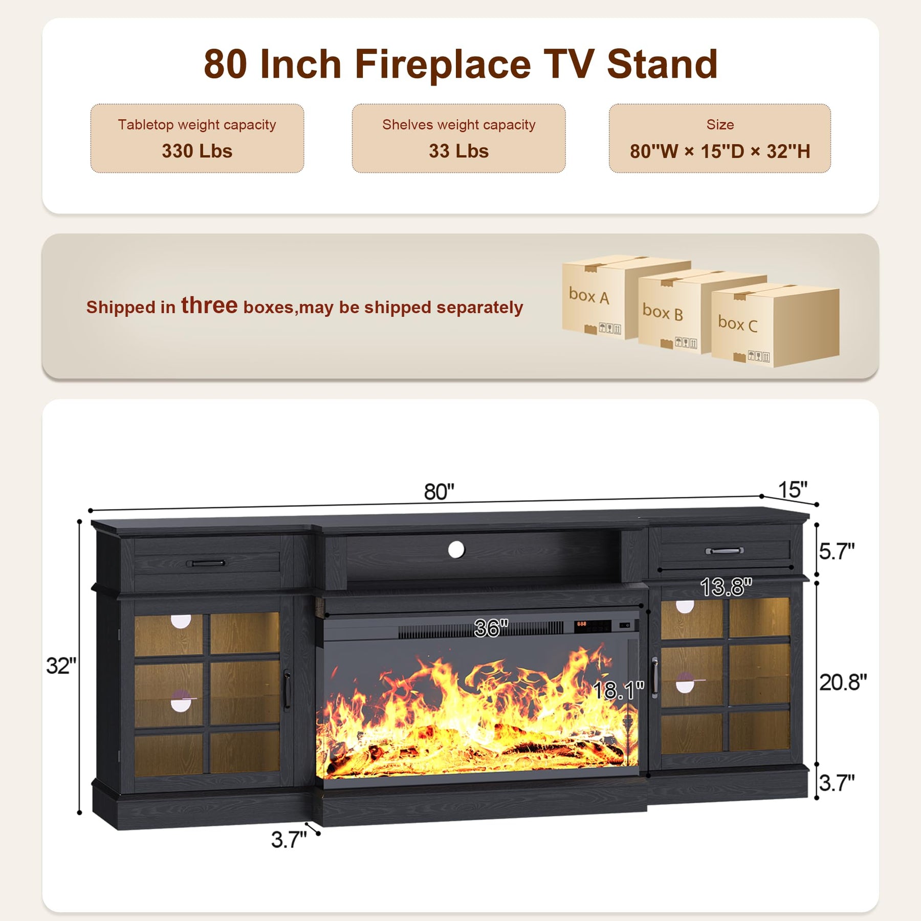 MXV 70" Fireplace TV Stand, 3-Sided Glass Fireplace and Modern Entertainment Center, Wooden Media Console with Glass Doors & Storage Drawers, LED Light, for Living Room, Antique White