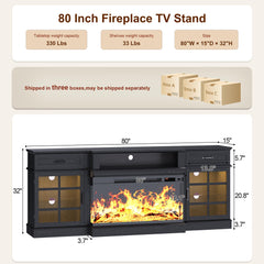 MXV 70" Fireplace TV Stand, 3-Sided Glass Fireplace and Modern Entertainment Center, Wooden Media Console with Glass Doors & Storage Drawers, LED Light, for Living Room, Antique White