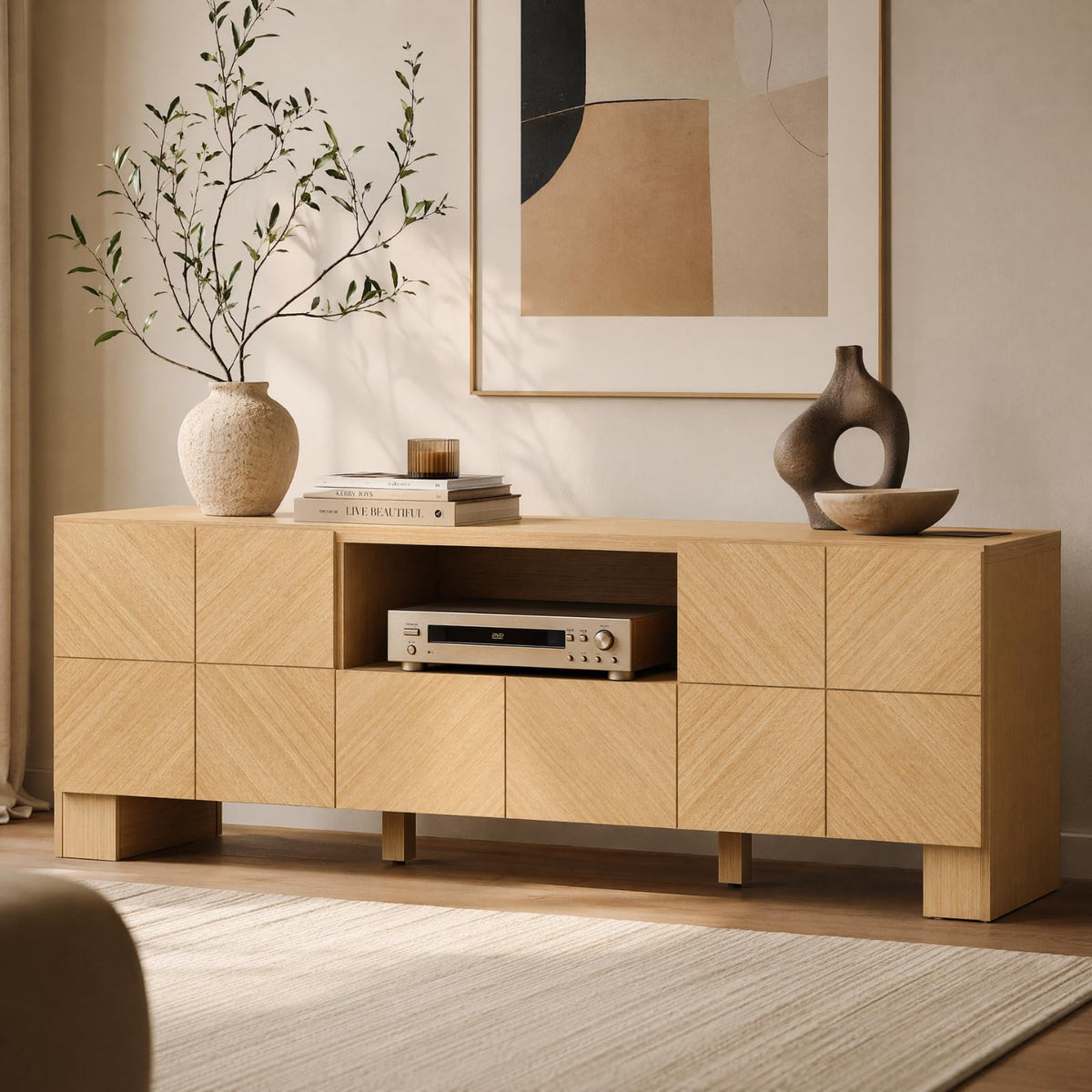 ModernMate 70" Modern TV Stand for TVs Up to 80 Inch, Wood Entertainment Center with Outlet and Storage Cabinet, Chevron Pattern TV Console with Adjustable Shelve for Living Room, Bedroom, Natural Oak
