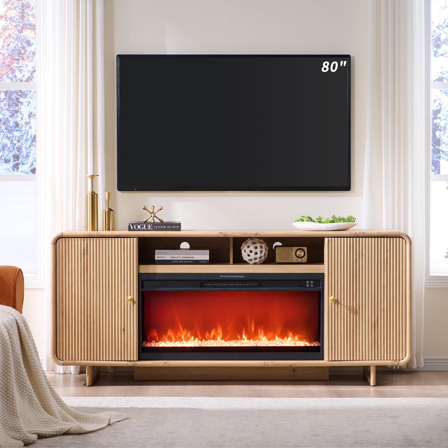 IFGET 70" Modern TV Stand with Storage, Wood Curved TV Console, Natural Oak