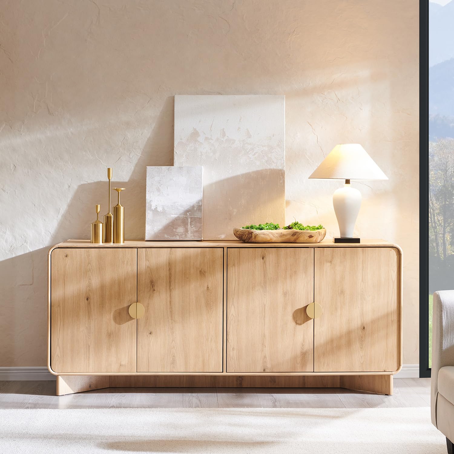 IFGET 70" Modern TV Stand with Storage, Wood Curved TV Console, Natural Oak