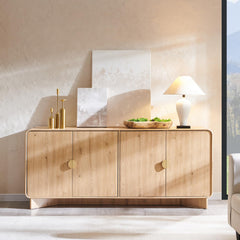 IFGET 70" Modern TV Stand with Storage, Wood Curved TV Console, Natural Oak