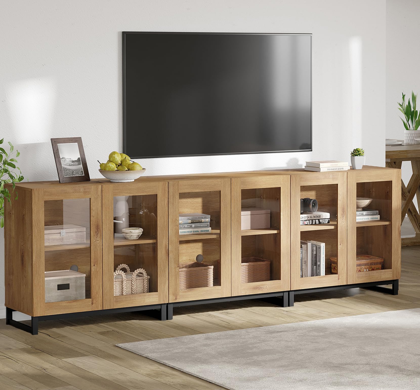 WAMPAT Modern TV Stand with Glass Doors for 80-120 inch TVs, 4 in 1 Entertainment Center Console with 4 Drawers and Metal Base for Living Room, Bedroom, Brown