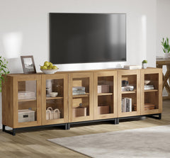 WAMPAT Modern TV Stand with Glass Doors for 80-120 inch TVs, 4 in 1 Entertainment Center Console with 4 Drawers and Metal Base for Living Room, Bedroom, Brown
