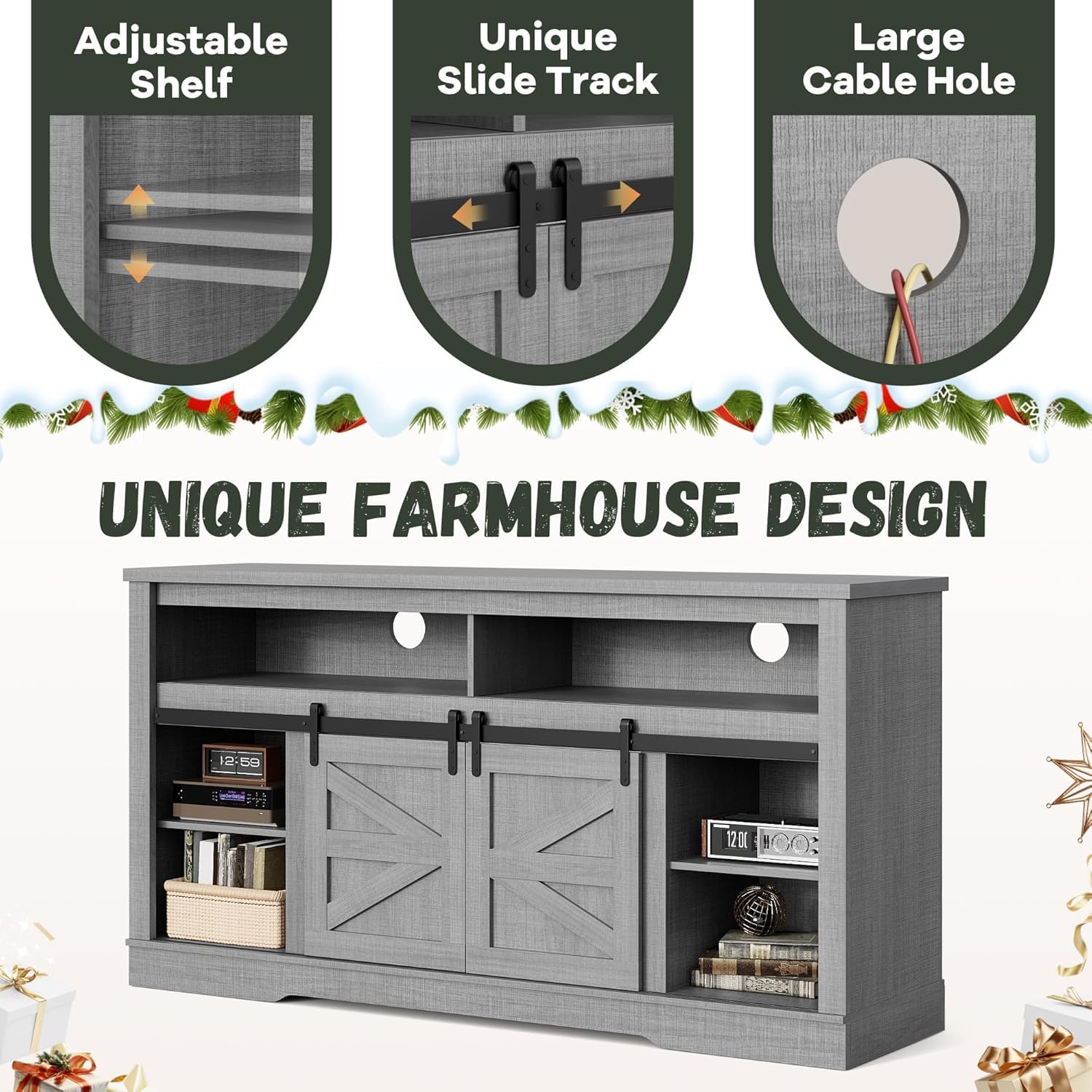 YESHOMY 58" Farmhouse TV Stand for TVs up to 65", Sliding Barn Doors, White