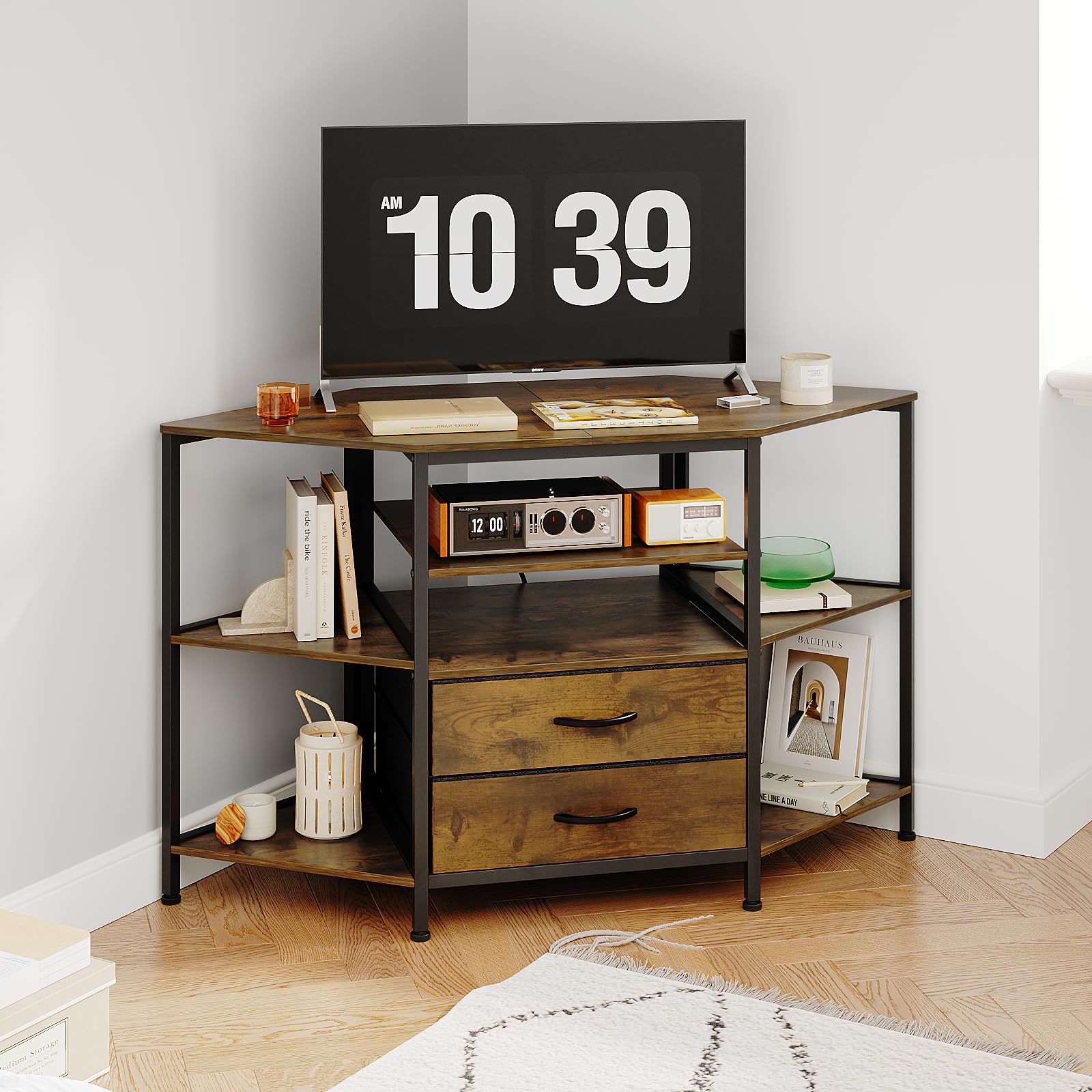 Welfuturer Corner TV Stand for 55 Inch TV with Drawers, Brown