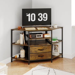 Welfuturer Corner TV Stand for 55 Inch TV with Drawers, Brown