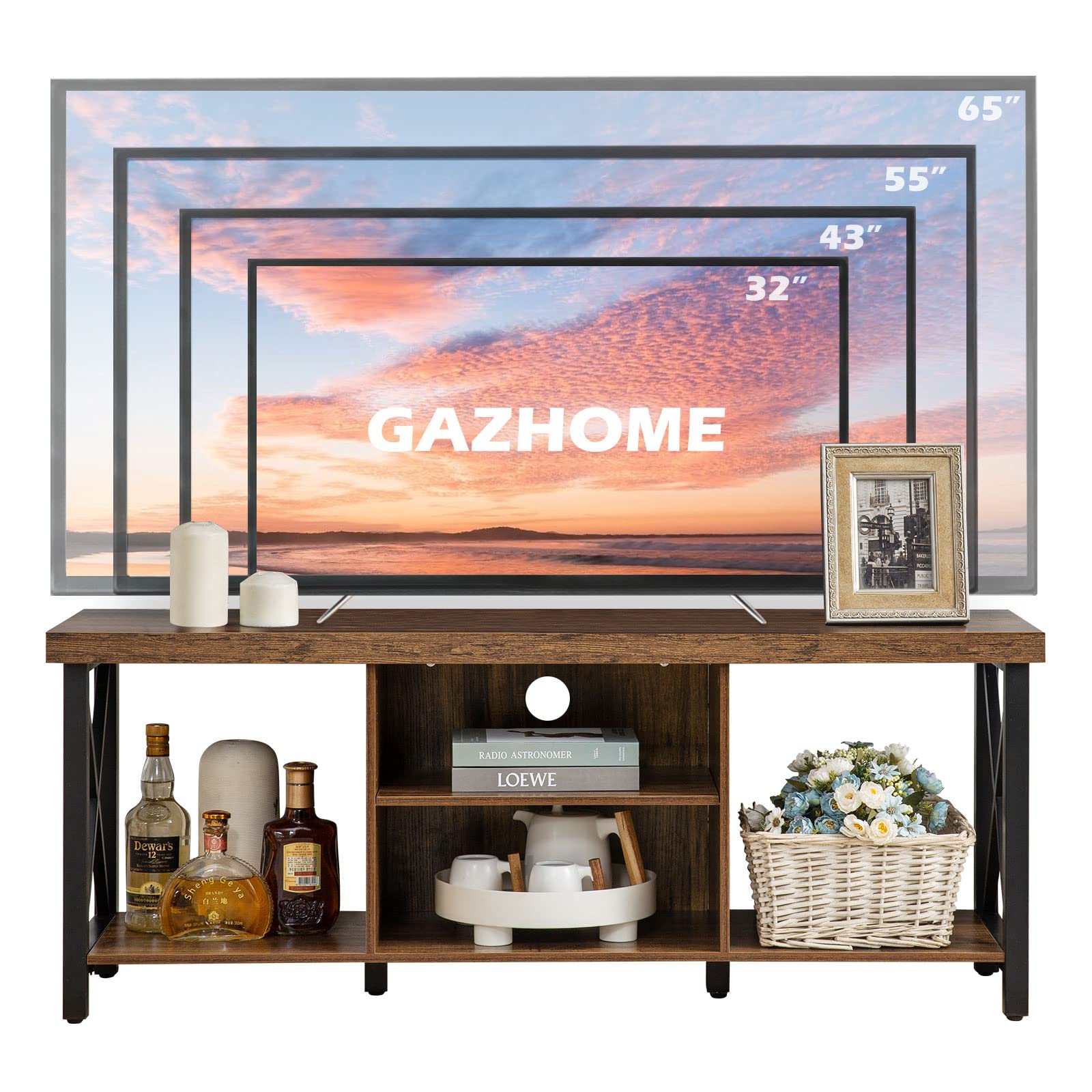 GAZHOME TV Stand for TV up to 65 Inches, TV Cabinet with Open Storage, TV Console Unit with Shelving for Living Room, Entertainment Room, Gray