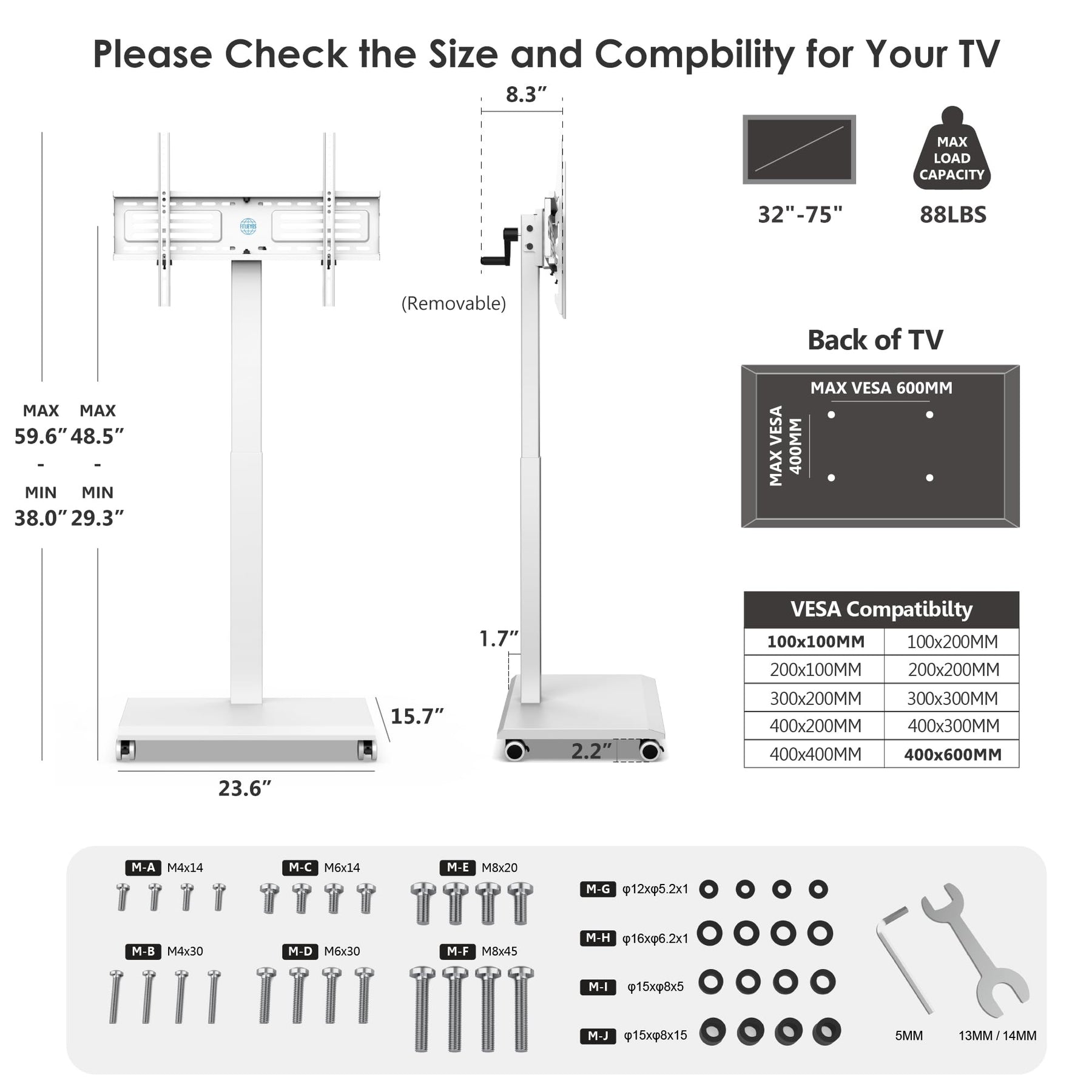 FITUEYES Hand Crank Lift TV Stand with Wheels for 32-75 Inch TVs, Black