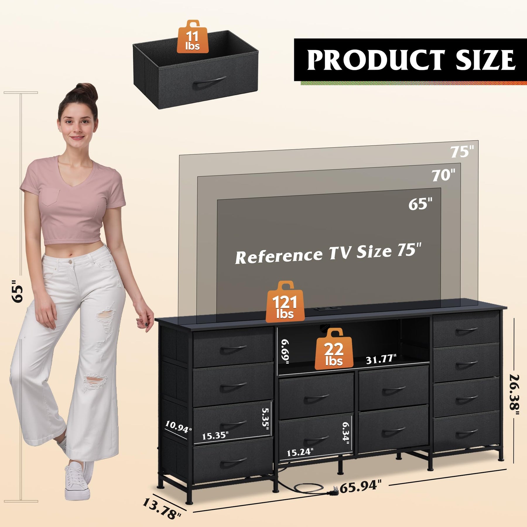 WLIVE LED Dresser TV Stand for 65 Inch TV, 8 Drawers, Rustic Brown