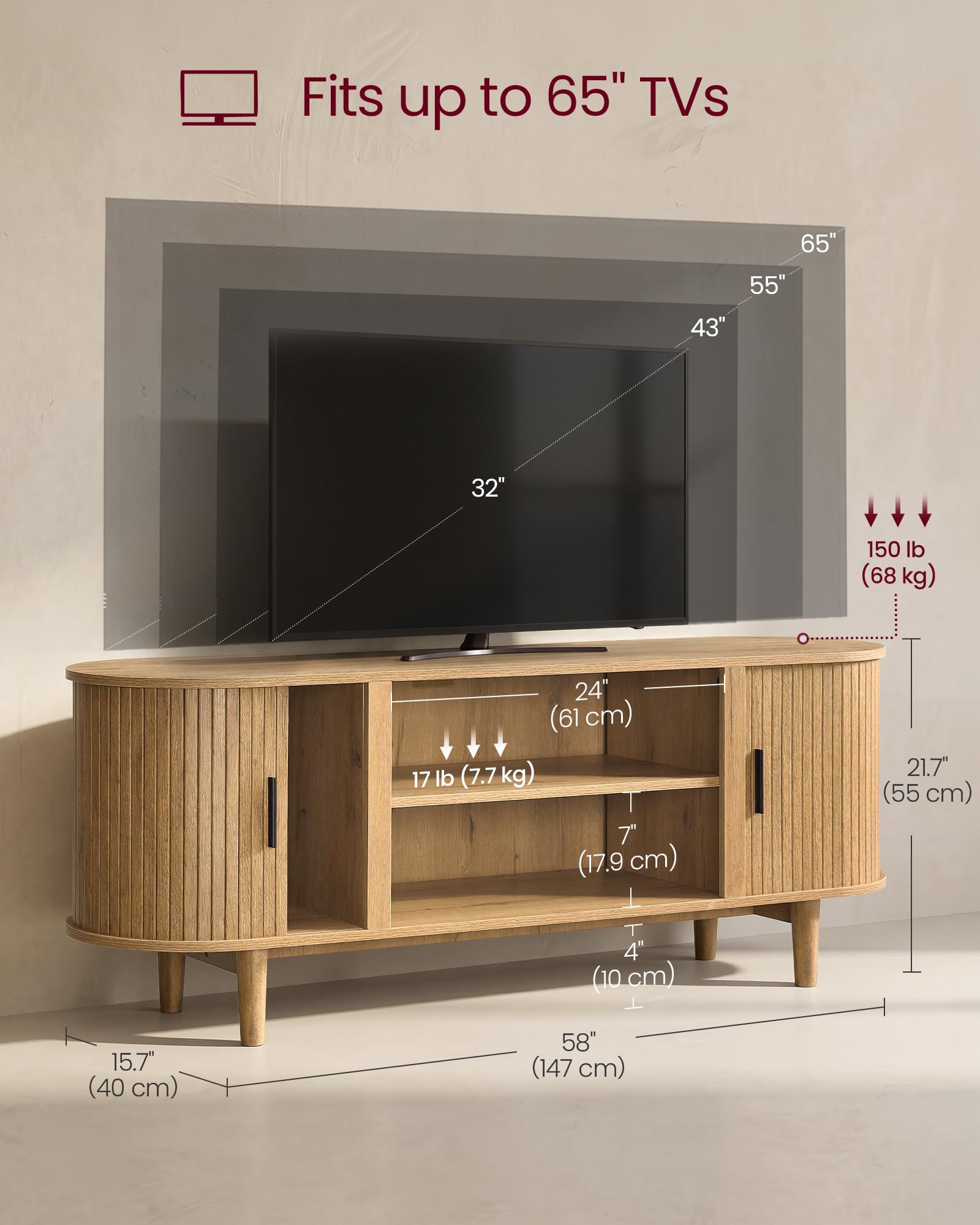 VASAGLE 58 Inch TV Stand, Mid Century Entertainment Center with Storage
