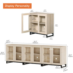 WAMPAT Modern TV Stand with Glass Doors for 80-120 inch TVs, 4 in 1 Entertainment Center Console with 4 Drawers and Metal Base for Living Room, Bedroom, Brown